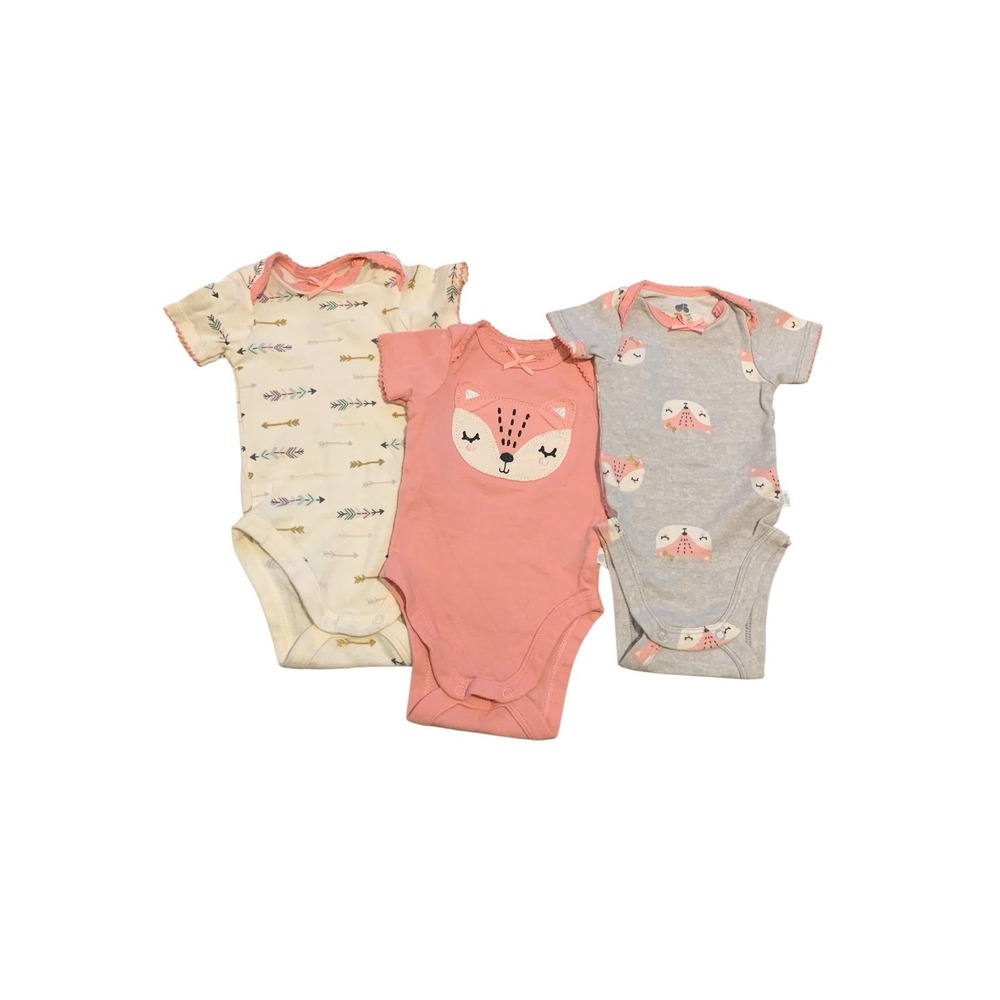 Just Born Organic Cotton Baby Bodysuits‎ Newborn Set of 3 Fox Arrow Pink Gray